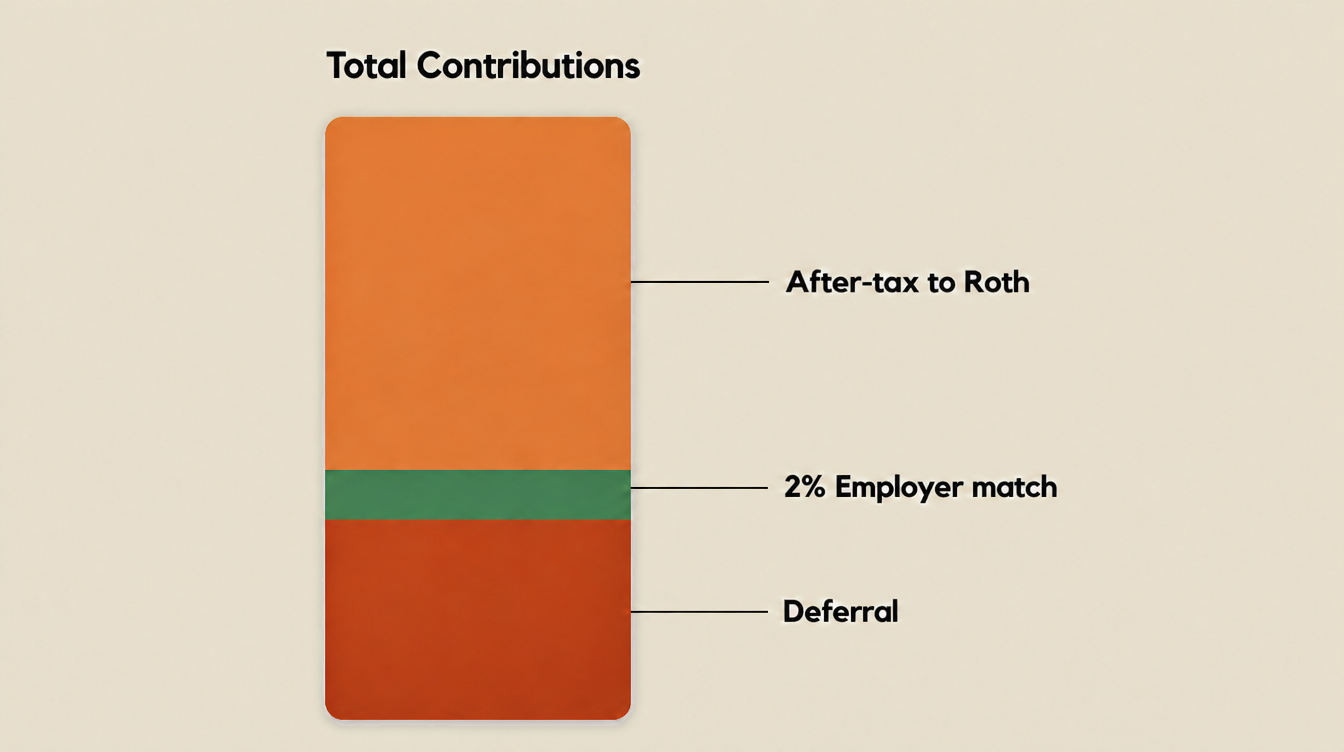 Stacked bar chart of the 2026 Amazon 401(k) contribution stack totaling $72,000 - deferral at the base, a thin 2% employer match band, and the largest segment, after-tax contributions converting to Roth.