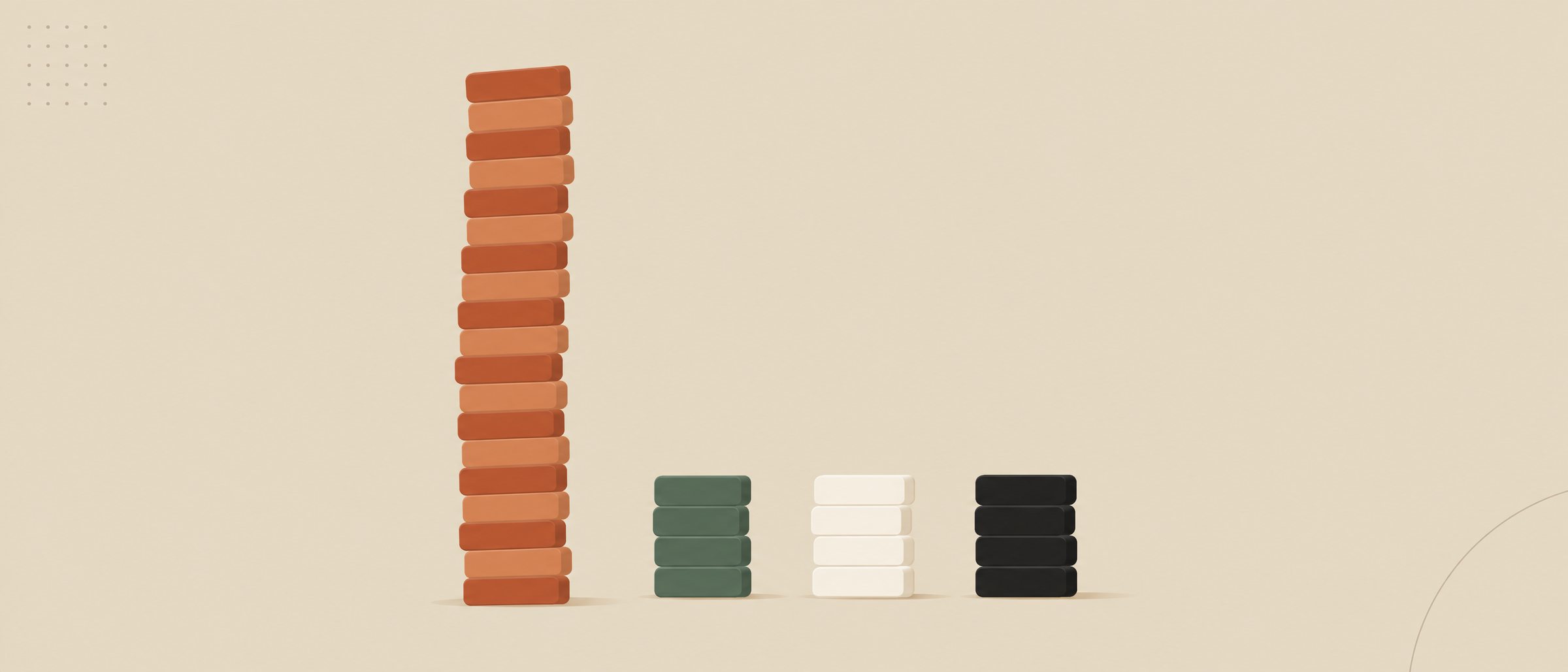 Illustration of one tall, slightly leaning stack of blocks beside three short, even stacks - a single stock position piling up next to a diversified mix.