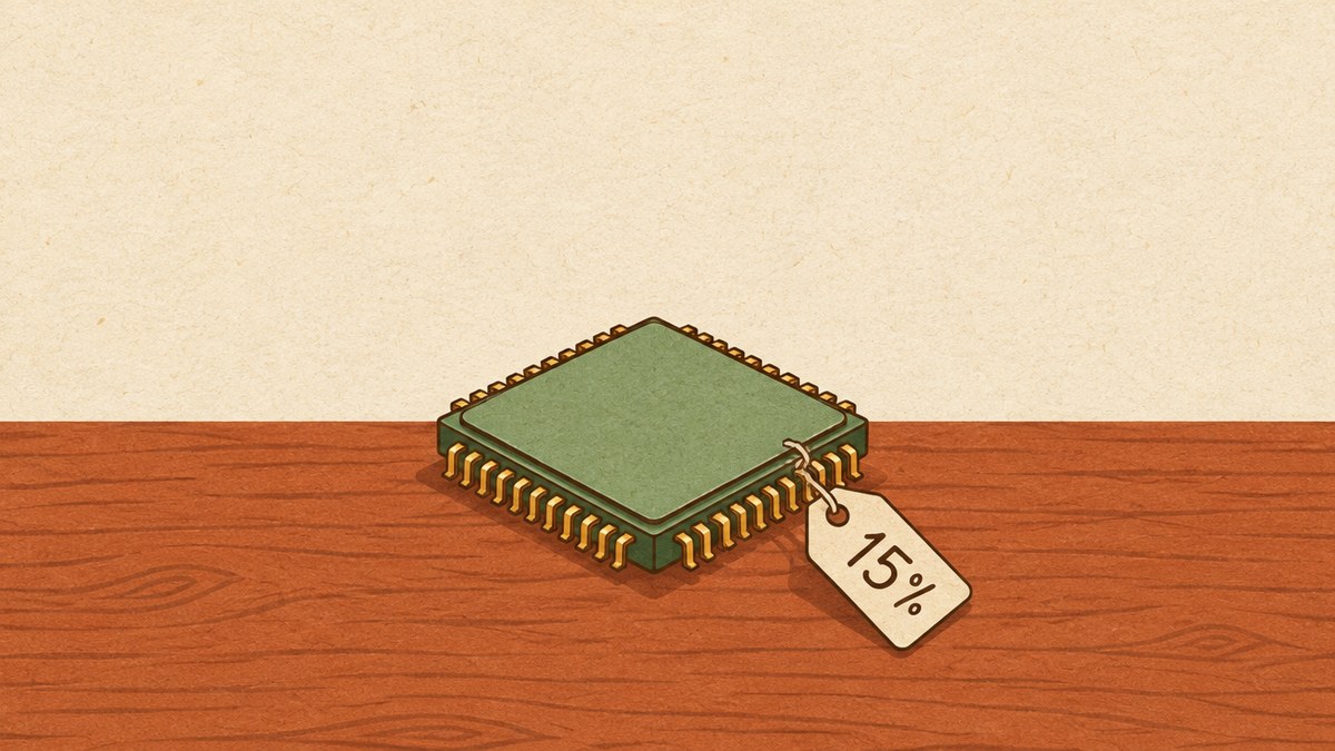 An illustration of a computer chip on a wooden desk, with a paper price tag reading 15% tied to one corner.