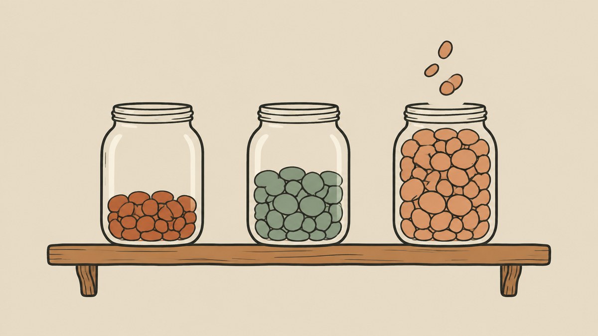 An illustration of three glass jars on a wooden shelf, filled with pebbles to different levels, with a few more pebbles dropping into the fullest jar.