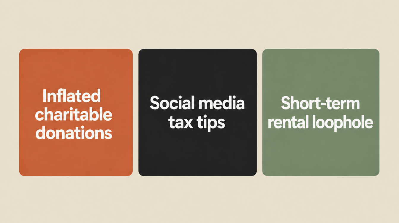 Three cards: inflated charitable donations, social media tax tips, and short-term rental loophole.